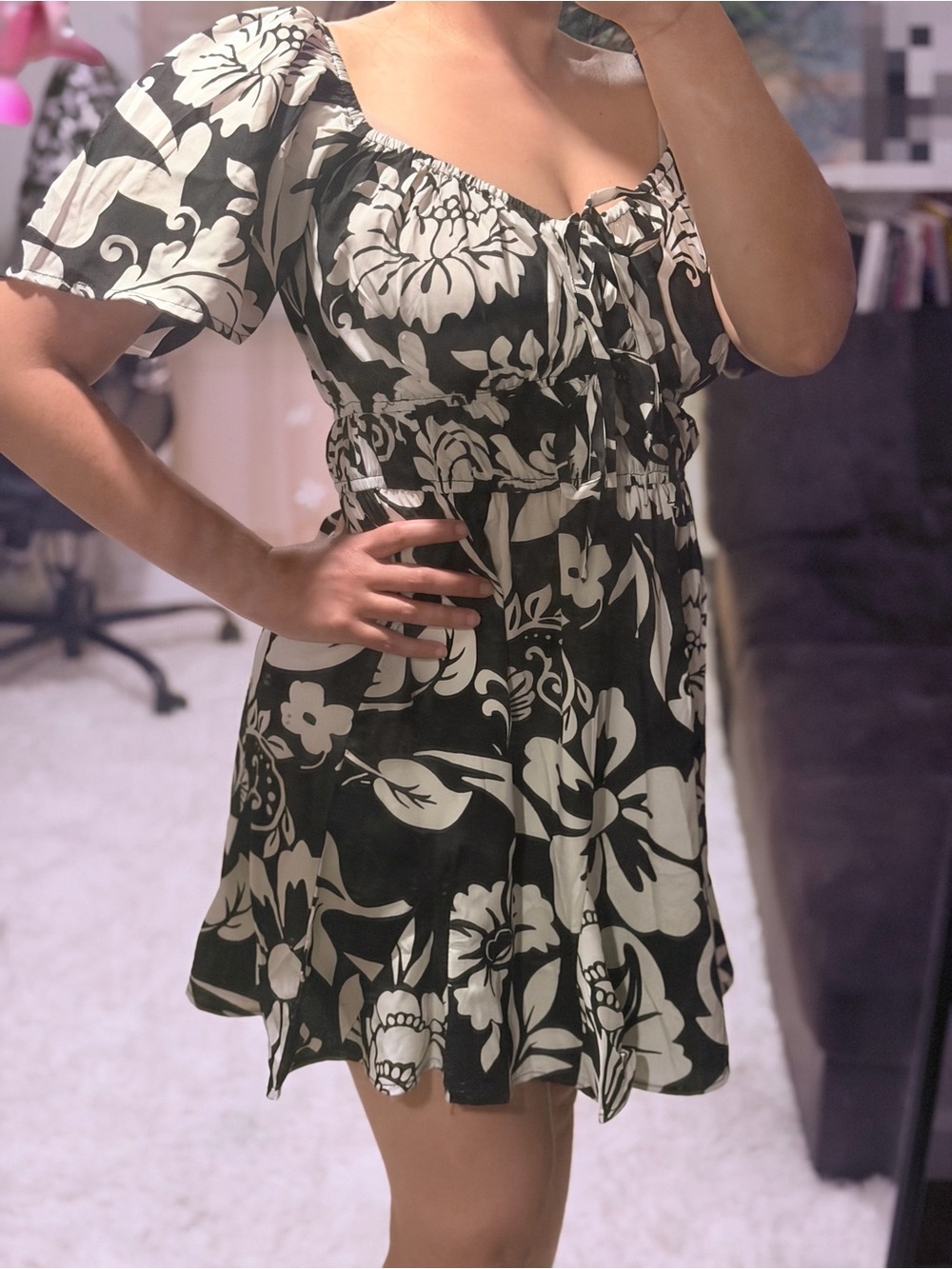 Blush Black & White Floral Puff-Sleeve Tie-Front Mini Dress